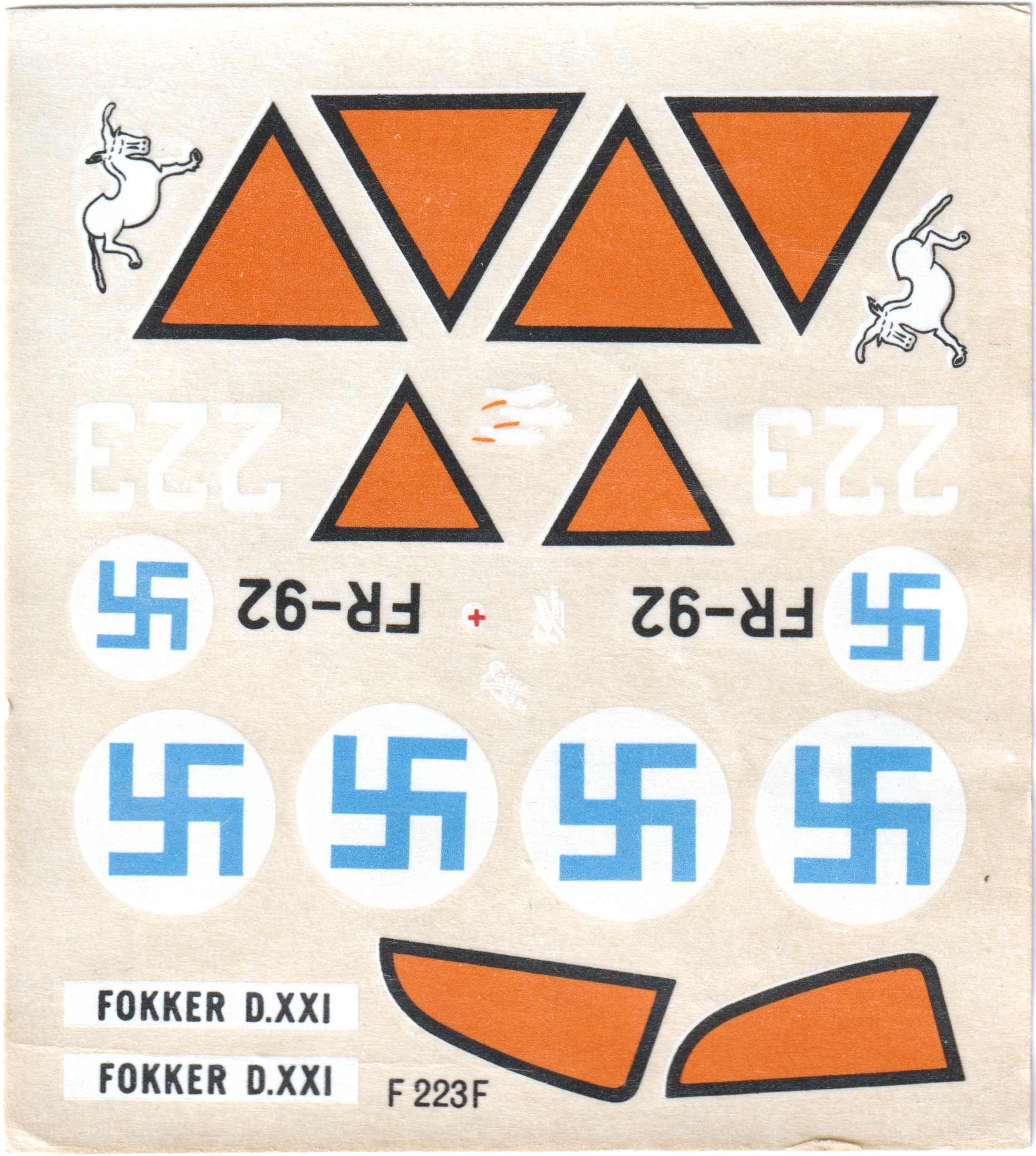 FROG F223F Fokker DXXI, Rovex Industries, 1970 decal sheet